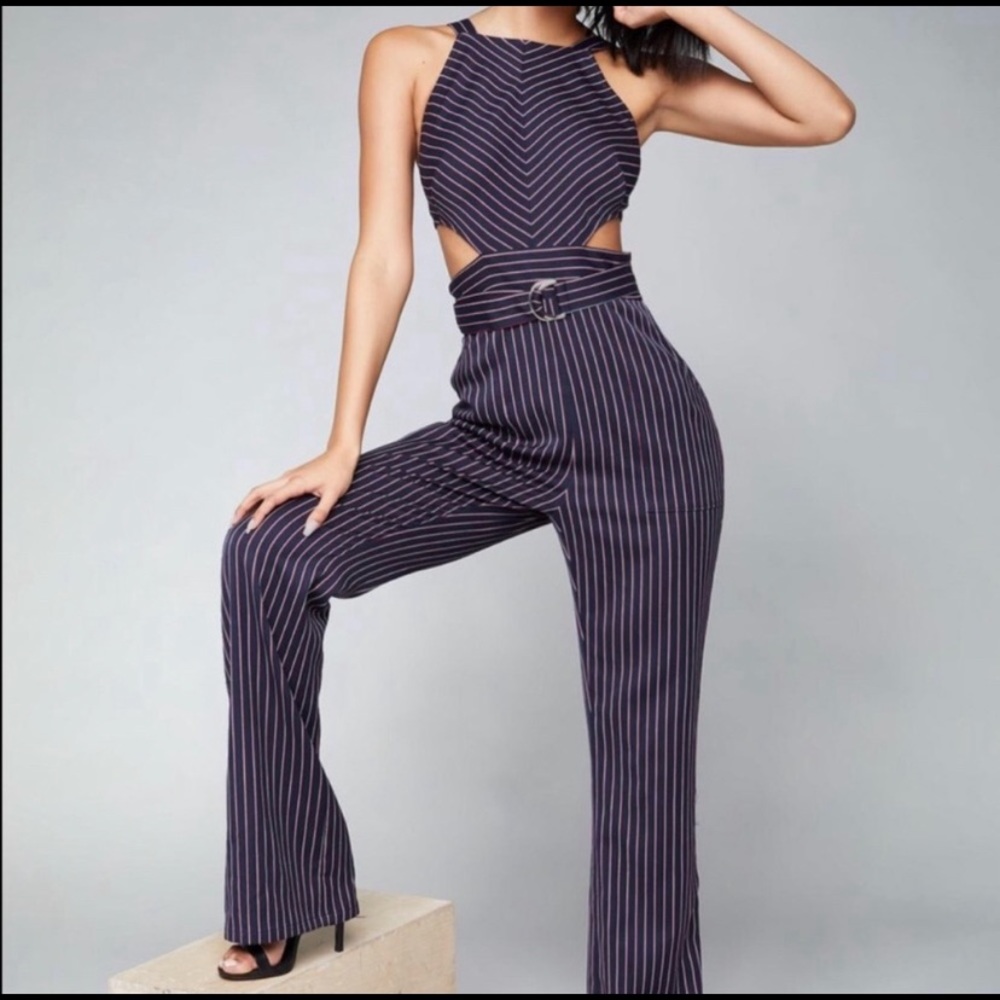 Bebe, cutout, pinstriped, jumpsuit.